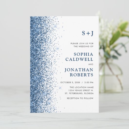 Invitation Tout en un Monogramme Sparkly Blue Parties scintil (Debout devant)