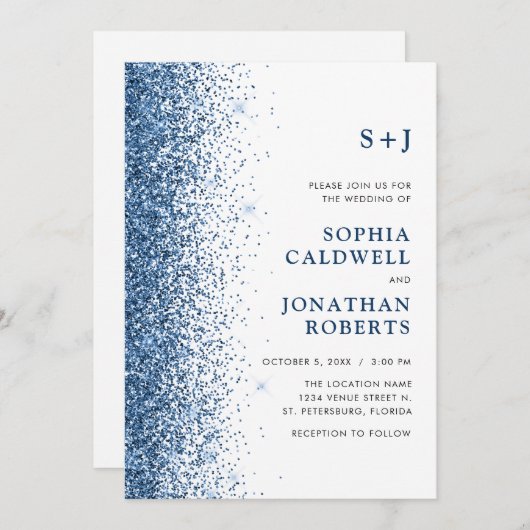 Invitation Tout en un Monogramme Sparkly Blue Parties scintil (Devant / Derrière)