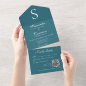 Invitation Tout En Un Monogramme Turquoise bleu QR Code (Déchirure)