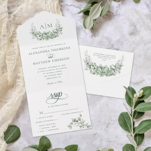 Invitation Tout En Un Monogramme Verdure Eucalyptus Mariage élégant