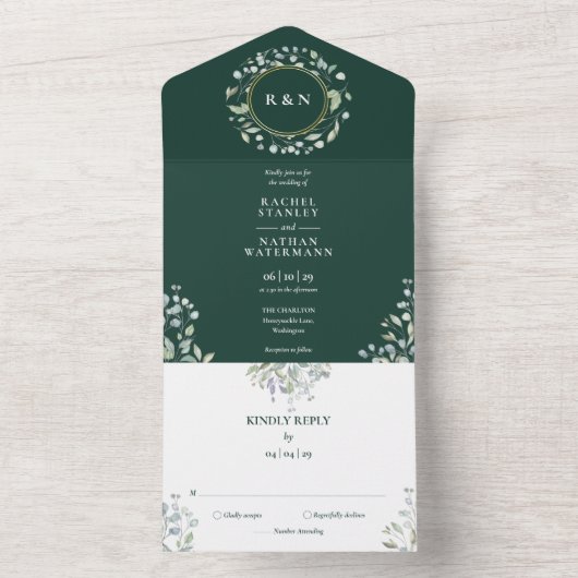Invitation Tout En Un Monogramme vert Mariage vert émeraude fleuri (À l'intérieur)