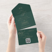 Invitation Tout En Un Monogramme vert romantique QR Code Mariage (Déchirure)