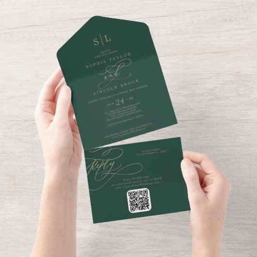 Invitation Tout En Un Monogramme vert romantique QR Code Mariage (Déchirure)