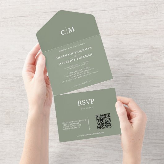Invitation Tout En Un Monogramme vert Sage moderne QR Code RSVP Mariage (Déchirure)