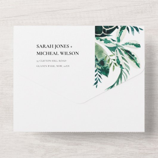 INVITATION TOUT EN UN MONSTERA TROPICALE MODERNE FOLIAGE VERT EAU COULEU (Verso)