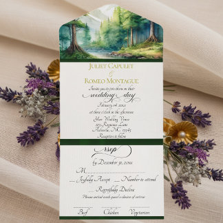 Invitation Tout En Un Montagnes à l'aquarelle et ruban émeraude de maria