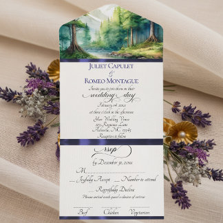 Invitation Tout En Un Montagnes à l'aquarelle & Mariage au ruban bleu