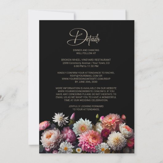 Invitation Tout en un Moody Black Floral Mariage (Dos)