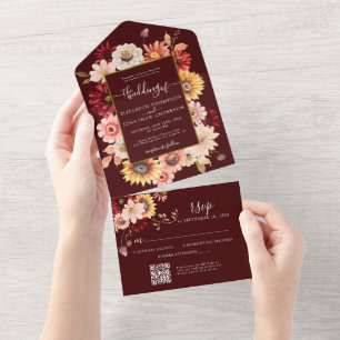 Invitation Tout En Un Moody Fall Burgundy Floral Gold QR RSVP Mariage