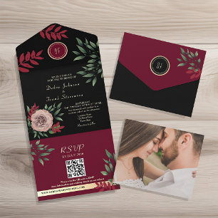 Invitation Tout En Un Moody Floral Bourgogne Noir Mariage