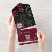 Invitation Tout En Un Moody Floral Bourgogne Noir Mariage (Déchirure)