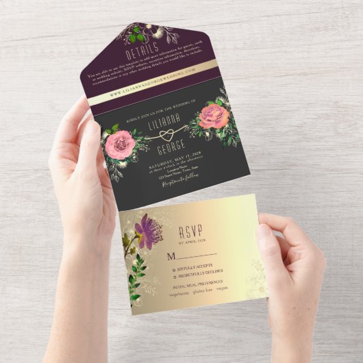Invitation Tout En Un Moody Floral violet noir Mariage (Déchirure)
