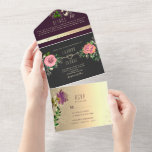 Invitation Tout En Un Moody Floral violet noir Mariage<br><div class="desc">Élégant,  boho moderne,  gothique,  moody romantique,  violet et noir tout-en-un faire-part de mariage avec la dentelle florale en faux or,  fleurs rose aquarelle et image personnalisée du couple à l'arrière. Ajoutez votre photo,  les détails du mariage et rsvp.</div>