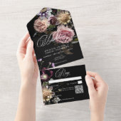Invitation Tout En Un Moody foncé Pastel Opulent Floral noir QR Code (Déchirure)