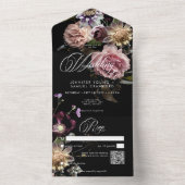 Invitation Tout En Un Moody foncé Pastel Opulent Floral noir QR Code (À l'intérieur)