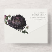 Invitation Tout En Un Moody Gothic violet foncé Mariage de pivoine noire (Verso)