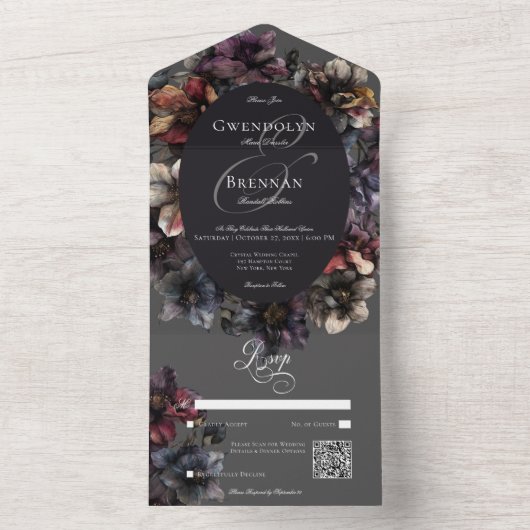 Invitation Tout En Un Moody gothique foncé aquarelle Floral QR Code (À l'intérieur)