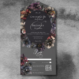 Invitation Tout En Un Moody gothique foncé aquarelle Floral QR Code