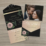 Invitation Tout En Un Moody Romantic Black Mariage<br><div class="desc">Offrez-vous le charme de la romance avec notre Faire-part de mariage florale Moody Elegant. Dans un décor d'or rose noir et chatoyant, de délicates fleurs rose vif s'entremêlent à des lampes à cordes fantaisistes, créant une ambiance enchanteresse. Avec une photo personnalisée du couple sur le dos, avec des détails mariages...</div>