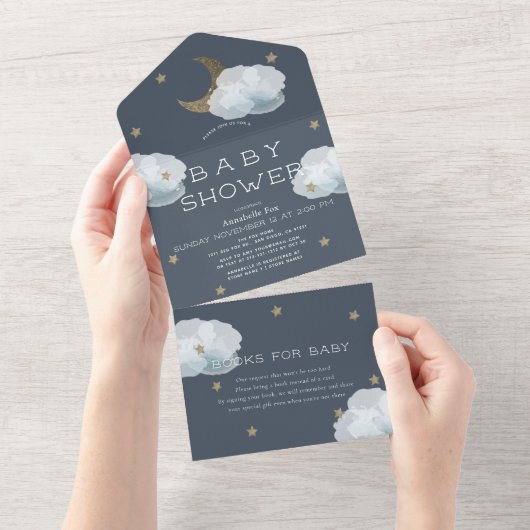 Invitation Tout En Un Moon Star & Cloud Navy Blue Book Baby shower (Déchirure)