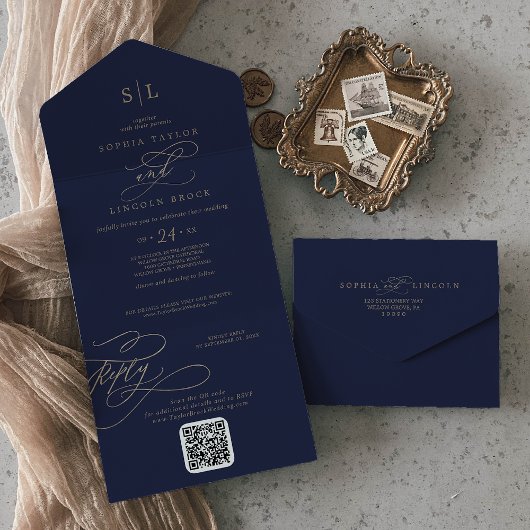 Invitation Tout En Un Mor romantique et Monogramme de marine Code QR Mar