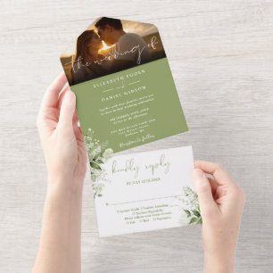 Invitation Tout En Un Moss Green Floral Greenery Mariage Photo