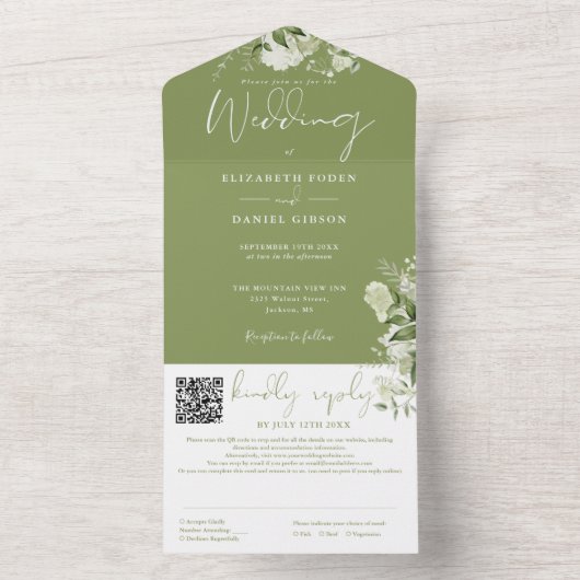 Invitation Tout En Un Moss Green Floral Monogramme QR Code Mariage (À l'intérieur)