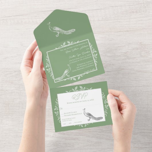Invitation Tout En Un Moss Green Peacock S'épanouit Tout en une invitati (Déchirure)