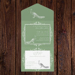 Invitation Tout En Un Moss Green Peacock S'épanouit Tout en une invitati<br><div class="desc">Invités d'Invitations à votre prochain mariage avec une Moss Green Peacock Flourish All in One Wedding Invitation. Le design Invitation est orné d'un élégant paon orné de fioritures avec une carte de réponse perforée. Personnalisez avec les noms du marié et de la mariée ainsi que la date et l'emplacement du...</div>