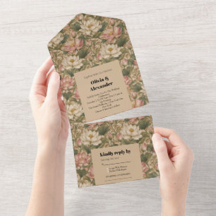 Invitation Tout En Un Motif floral botanique vintage lotus d'eau