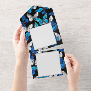 Invitation Tout En Un Motif sans couleur foncée avec papillons bleus Mor