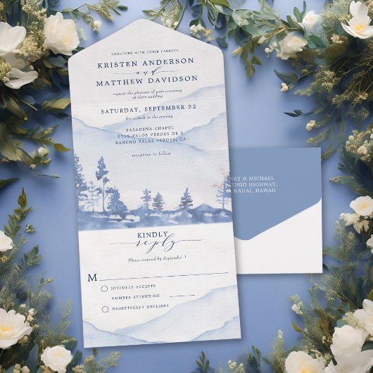 Invitation Tout En Un Mountain Blue Rustic Woodland Mariage d'aquarelle
