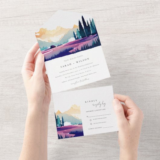 Invitation Tout En Un Mountain Country Lilac Fields Mariage paysager (Déchirure)