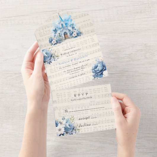 Invitation Tout En Un Musical Dusty Blue Peony Church Mariage (Déchirure)