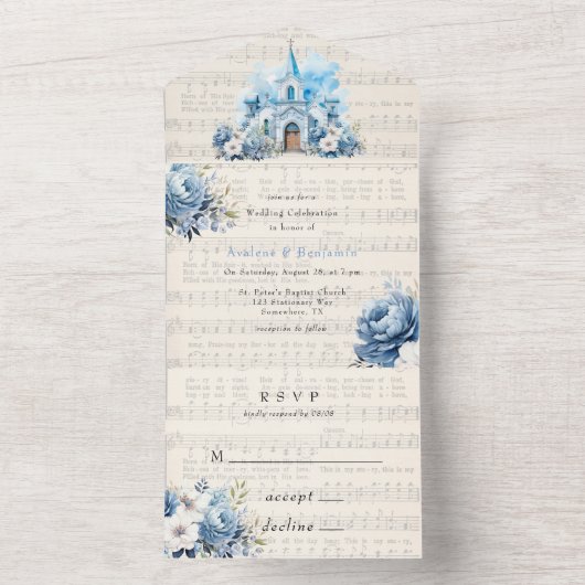 Invitation Tout En Un Musical Dusty Blue Peony Church Mariage (À l'intérieur)