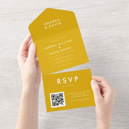 Invitation Tout En Un Mustard moderne Jaune minimum QR Code RSVP Mariage (Déchirure)