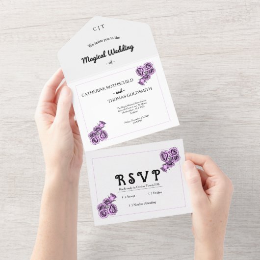 Invitation Tout En Un Mystical Purple Rose Wedding (Déchirure)
