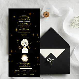 Invitation Tout En Un Mystique Or Noir Étoiles Célestes Mariage