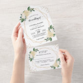 Invitation Tout En Un Nature géométrique moderne Vert Or Mariage Floral (Déchirure)