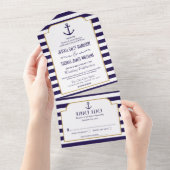 Invitation Tout En Un Nautical Navy & Ancres à rayures blanches Mariage (Déchirure)