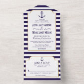 Invitation Tout En Un Nautical Navy & Ancres à rayures blanches Mariage (À l'intérieur)