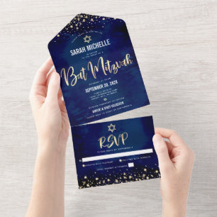 Invitation Tout En Un Navy Bat Mitzvah Paillettes Or Dor Écriture Modern