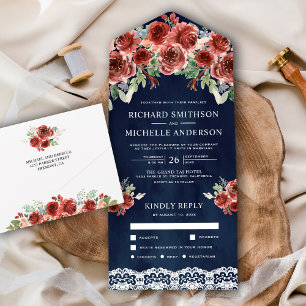 Invitation Tout En Un Navy Blue Country Lace Marsala Floral Wedding
