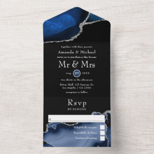 Invitation Tout En Un Navy Blue et Argent Agate Mariage Tout En Un Invi