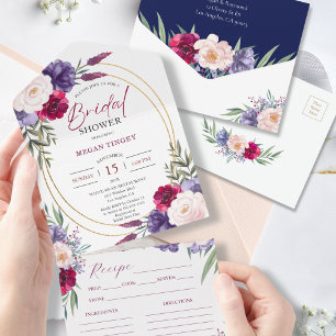 Invitation Tout En Un Navy Blue Floral Recette nuptiale Douche Invitatio