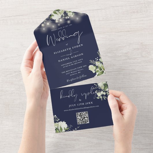 Invitation Tout En Un Navy Blue Floral String Lights QR Code Wedding (Déchirure)