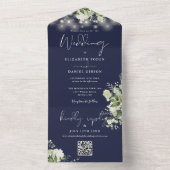 Invitation Tout En Un Navy Blue Floral String Lights QR Code Wedding (À l'intérieur)