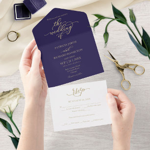 Invitation Tout En Un Navy Blue Or Calligraphie Or Tout En Un Mariage