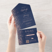 Invitation Tout En Un Navy Blue Rose Gold Glitter QR Code Wedding (Déchirure)