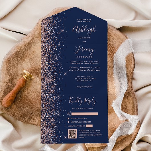 Invitation Tout En Un Navy Blue Rose Gold Glitter QR Code Wedding